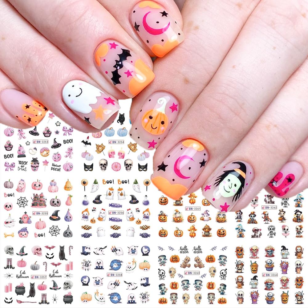 Halloween Nail Decals - Cute Cartoon Water Transfer Foil for Women - Pink Pumpkin Ghost Skeleton Witch Bat Designs - DIY Nail Art Decor - 12Pcs-BrightBean Baby