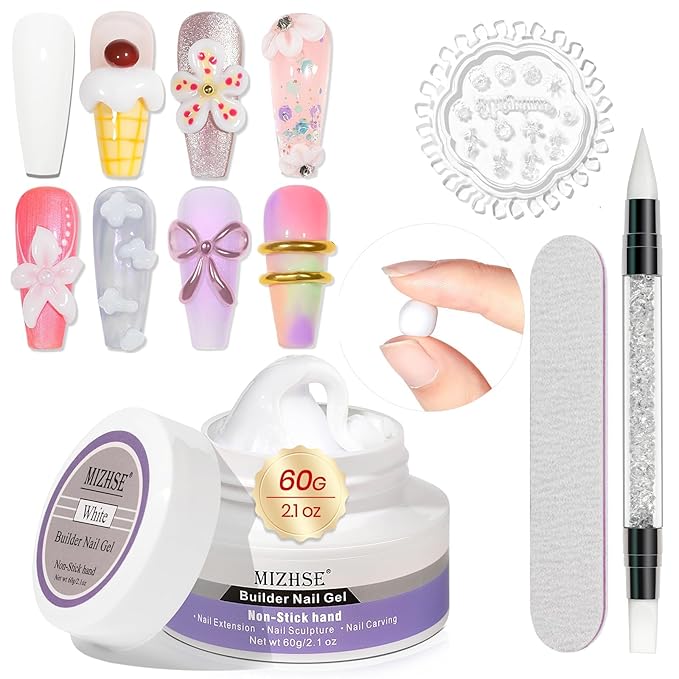 MIZHSE Solid Builder Gel for Nails, 60g White 3D Gel Nail Art Sculpting Non-Sticky Carving Hard Extension Soak Off UV LED for Salon Manicure Home DIY-BrightBean Baby