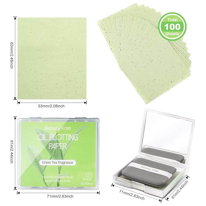 2 Pack Oil Blotting Sheets for Face, Oil Blotting Paper Green Tea Total 100 sheets with Portable Mirror Case & Makeup Puff Makeup Friendly-BrightBean Baby