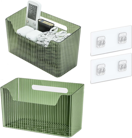 Set Of 2 Storage Organizer Bins Wall Mounted Shower Basket, Shower Caddy Stackable Clear Plastic Makeup Organizer Adhesive Hanging Bin for Bathroom, Kitchen, Cabinet, Pantry, BPA Free, Green-BrightBean Baby