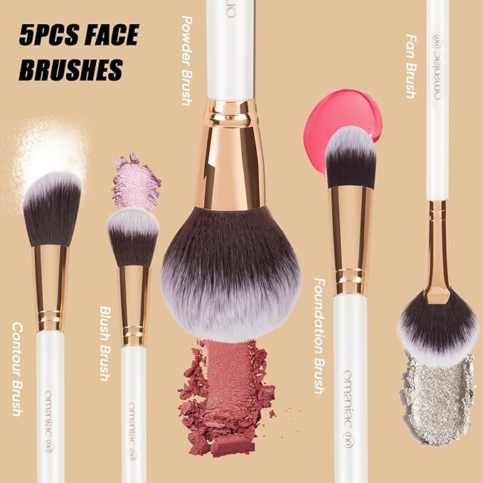 OMANIAC Makeup Brush Set Professional, 12 Pearlescent Wood Handle Makeup Brushes, Premium Cruelty-Free Synthetic Fiber Hair, Travel Make up Brushes Set with Case (White).-BrightBean Baby