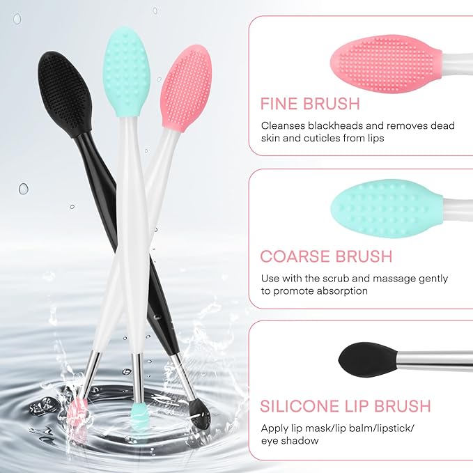 Unaone Lip Scrub Brush - 3 PCS Dual-ended Lip Scrubber Exfoliator and Silicone Lip Brush, 2-in-1 Silicone Lip Scrub Tool Lip Mask Applicator, Gentle Exfoliator & Applicator for Soft-BrightBean Baby