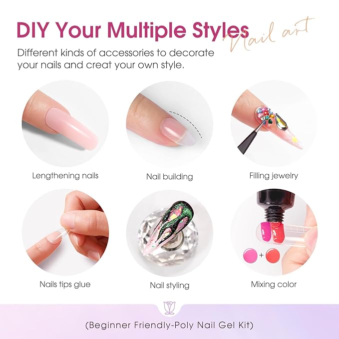 ROSALIND Poly Nail Gel Colors Kit -14 Colors +72 Nail Art Accessories kit Glitter Poly Nails Gel Kit Starter Kit with Mini UV Lamp Slip Solution Nude Pink Poly Nail Art for Beginners with Everything-BrightBean Baby