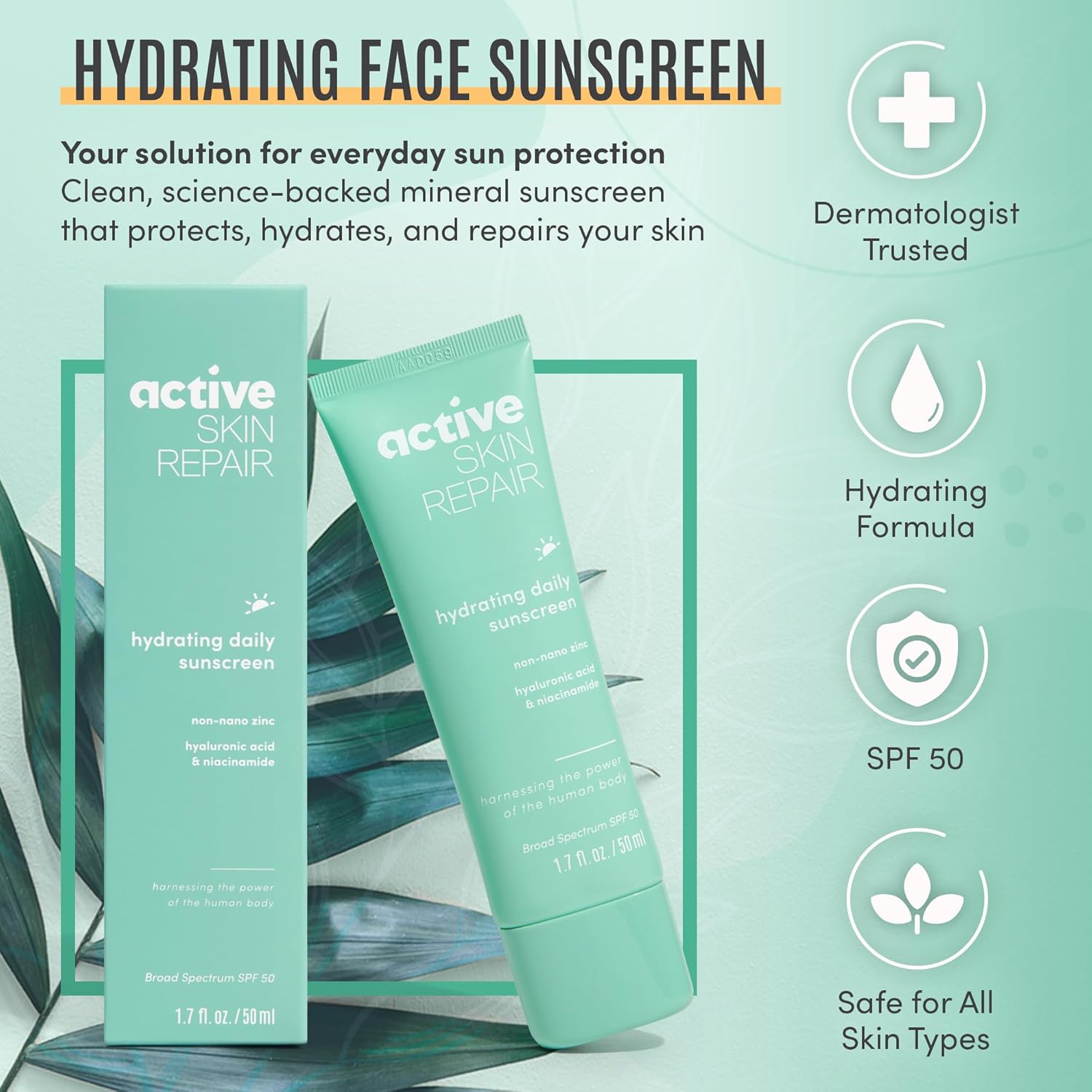 Active Skin Repair SPF 50 Hydrating Daily Sunscreen and Face Moisturizer, Non-Nano Zinc, Non-Toxic Broad Spectrum Protection Hydrating Mineral Facial Sunscreen, 1.7 fl. oz.-BrightBean Baby