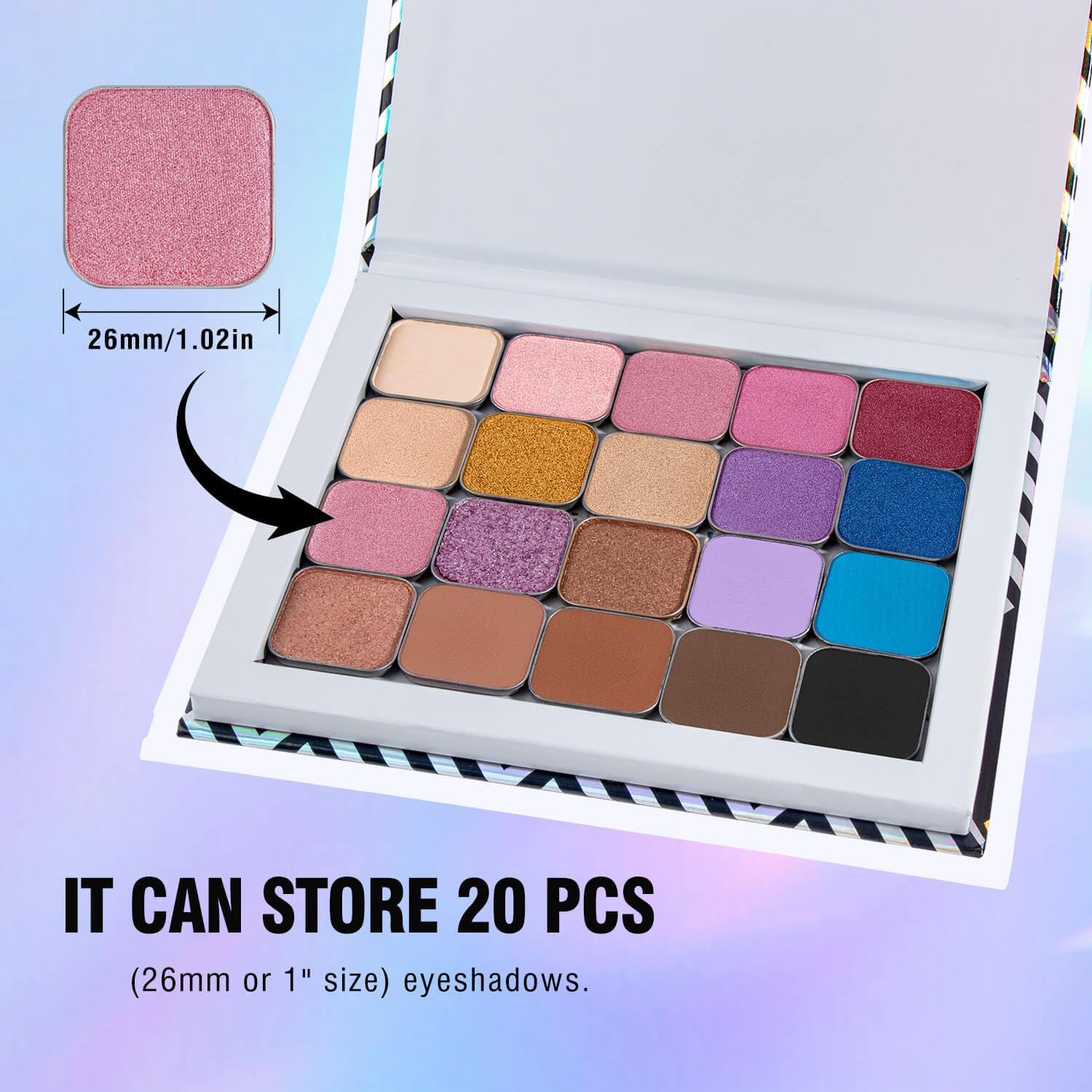 Empty Magnetic Makeup Palette with Mirror, Spatula, 20 Metal Stickers, Suitable for Eyeshadow Lipstick Blush Powder Highlighter and Contour, DIY Refillable, Holographic Stripes (Black, Medium)-BrightBean Baby