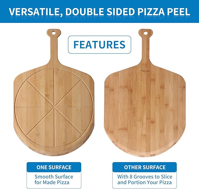 18” Bamboo Pizza Peel - Lightweight Smooth Wooden Pizza Paddle and Pizza Cutting Board with 8 Slice Grooves, Outdoor Pizza Oven Accessories, 25.6 Inch x 18 Inch