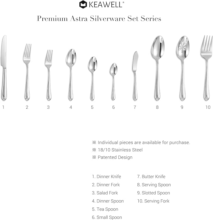 KEAWELL Premium Astra 4-Piece 9 inch Spoon Set – Mirror-Finished 18/10 Stainless Steel with Diamond-Faceted Handles Dishwasher Safe for Modern Dining (4, Serving Spoons)