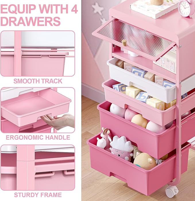 Utility-Rolling-Storage-Drawer-Craft-Cart-Organizers with 4 Drawers & Dust-Proof Door for Kid Craft Art Room,Bedroom,Home Office, Classroom, Rose Pink-BrightBean Baby