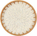 Round Rattan Tray with Mother of Pearl Inlay, Rattan Serving Tray with Wooden Base, Decorative Wicker Basket for Table Decor, Storage and Display of Coffee Bread Food Fruit (Leaf 2)