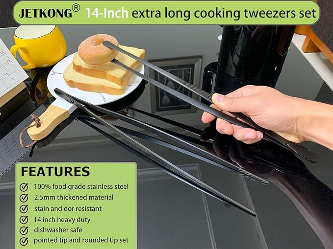 JETKONG 2 Pcs 14-Inch Food Tweezer Tongs Extra Long Stainless Steel Kitchen Tweezer Cooking Tweezers (Black)