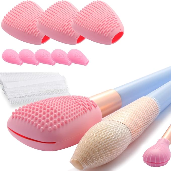 Silicone Travel Make-up Brush Holder with Cleaner Mat Pad, Organizer Case Covers for Foundation Eye Lip Brushes Storage Cleaning, Gift for Women Girl-friend Mother Wife, 3-Pcs Large + 5 Small, Pink-BrightBean Baby