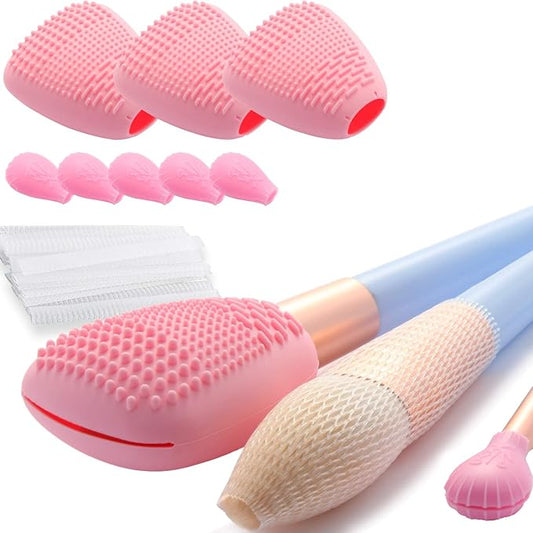 Silicone Travel Make-up Brush Holder with Cleaner Mat Pad, Organizer Case Covers for Foundation Eye Lip Brushes Storage Cleaning, Gift for Women Girl-friend Mother Wife, 3-Pcs Large + 5 Small, Pink-BrightBean Baby