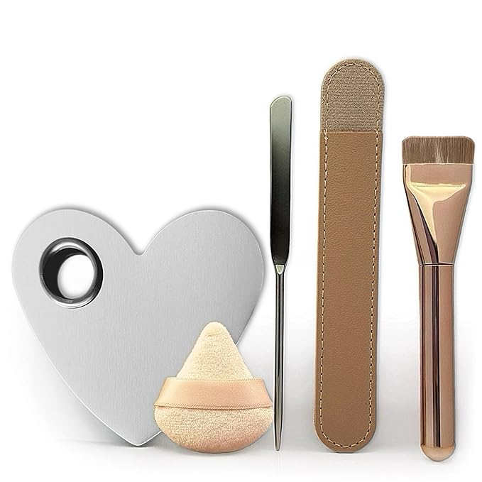 Makeup Brush Set - Flat Foundation Brush, Blender Sponge, Face Spatula, Puff & Heart-Shaped Mixing Palette with Leather Case – Complete Face Makeup Tool Kit for Blending, Foundation & Application-BrightBean Baby