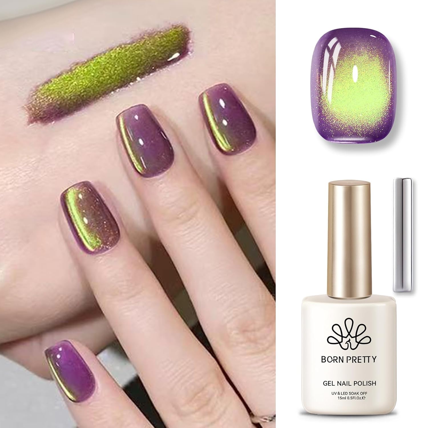 BORN PRETTY Cat Magnetic Eye Gel Nail Polish, Magenta Yellow Cat Glitter Cat Magnetic Gel Nail Polish Honey Trap Magnetic Nail Polish for Nail Art Manicure Salon DIY at Home 15ML-BrightBean Baby