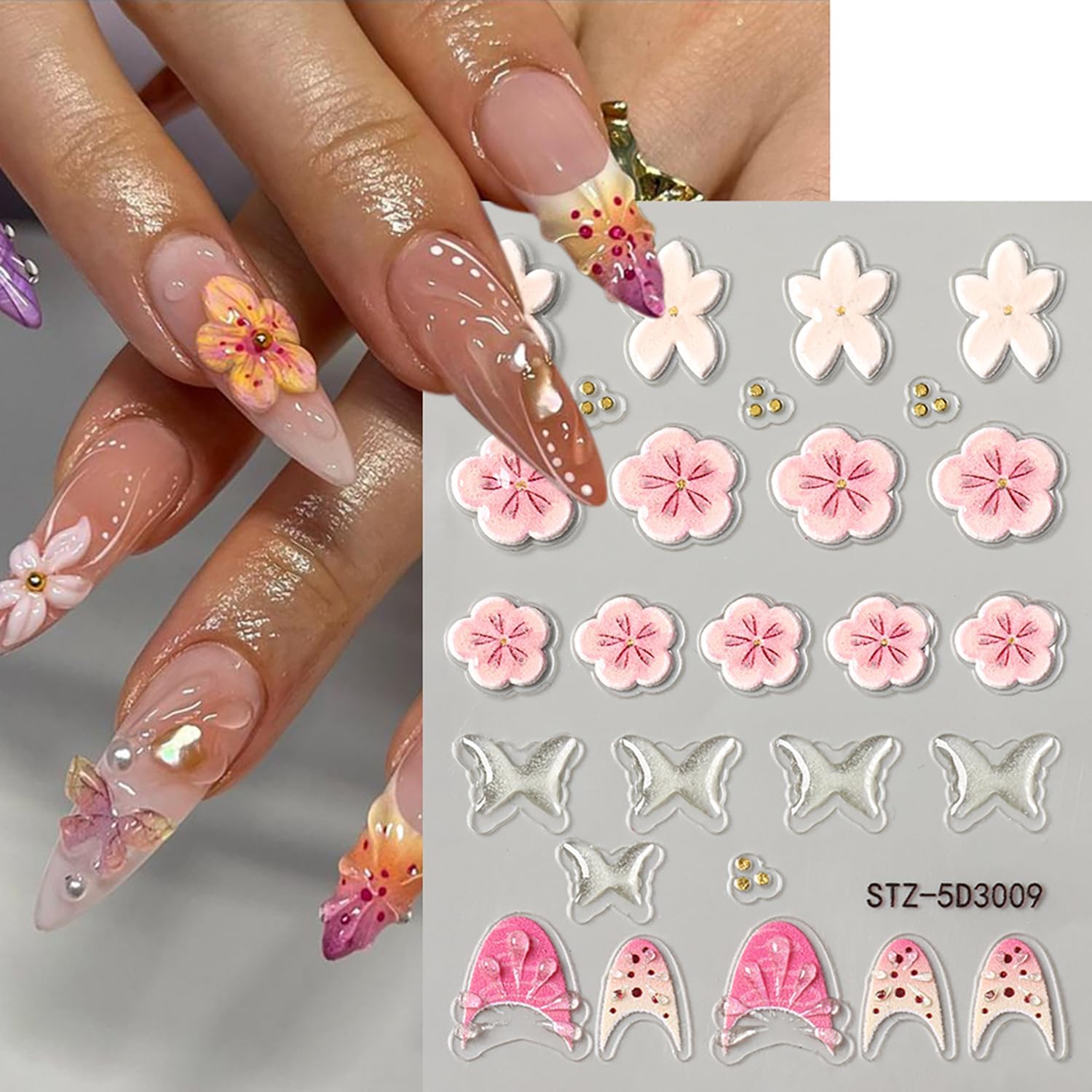 6 Sheets Flower Nail Art Stickers 5D Self-Adhesive Nails Sticker Floral Butterfly Nail Art Decals Holographic Decal Decoration for Women Golden Bow Manicure Stickers DIY Nail Sticker Supplies-BrightBean Baby
