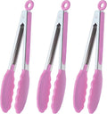 Serving Tongs with Silicone Tips 9 Inches Stainless Steel Food Tongs, Set of 3 (Pink)