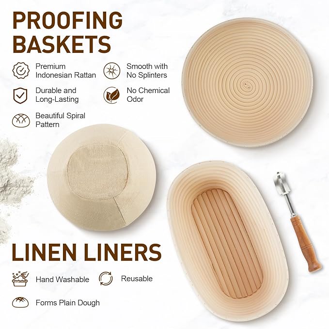 Banneton Bread Proofing Basket, Sourdough Starter Kit with 9" Round & 10" Oval Bread Proofing Basket, Bread Lame, Brushs, Spatula, Scraper, Dough Whisk, Flour Duster & Stencils