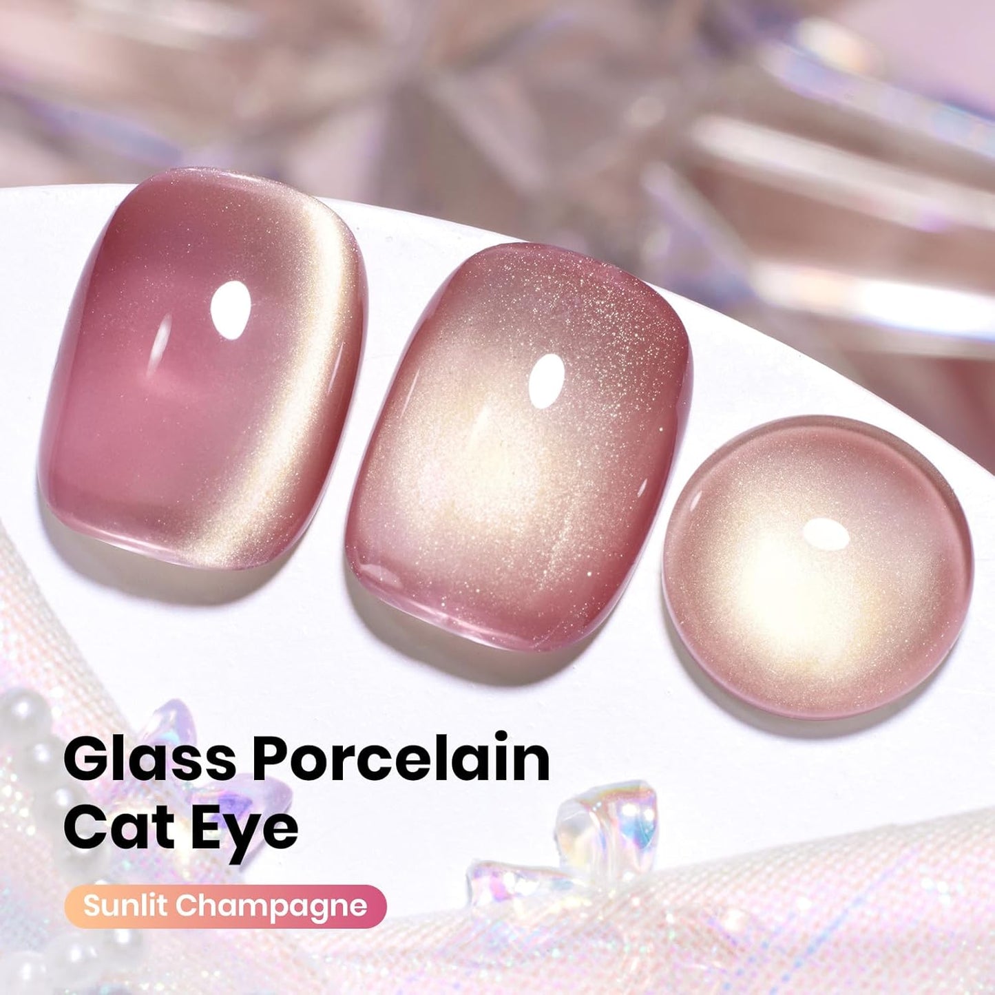 Beetles Pink Cat Eye Gel Nail Polish - 15ML Peach Pink Glass Cat Eye with Gold Powder Magnetic Glitter Gel Polish Soak Off UV Salon DIY French Nail Art Sunlit Champagne Collection Gift for Women-BrightBean Baby