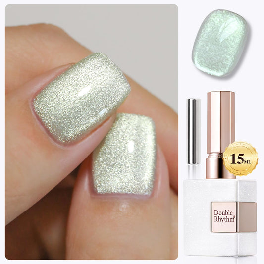 Double Rhythm 15ML Cat Eye Gel Polish with Magnet Holographic Glitter Shimmer Translucent Sheer Color Salon Ice Glass Magnetic Gel at Home (Green-MC1141)-BrightBean Baby