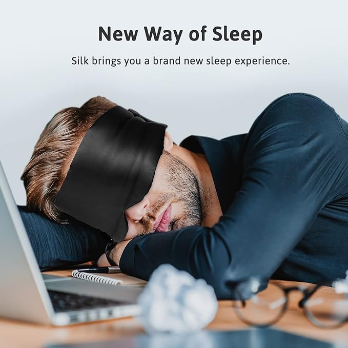 Silk Sleep Mask for Women Men, Mulberry Silk Eye Sleeping Mask & Blindfold with Adjustable Velcro Strap, Blackout Eye Cover for Sleep Travel Yoga Nap, Large Size, Black-BrightBean Baby