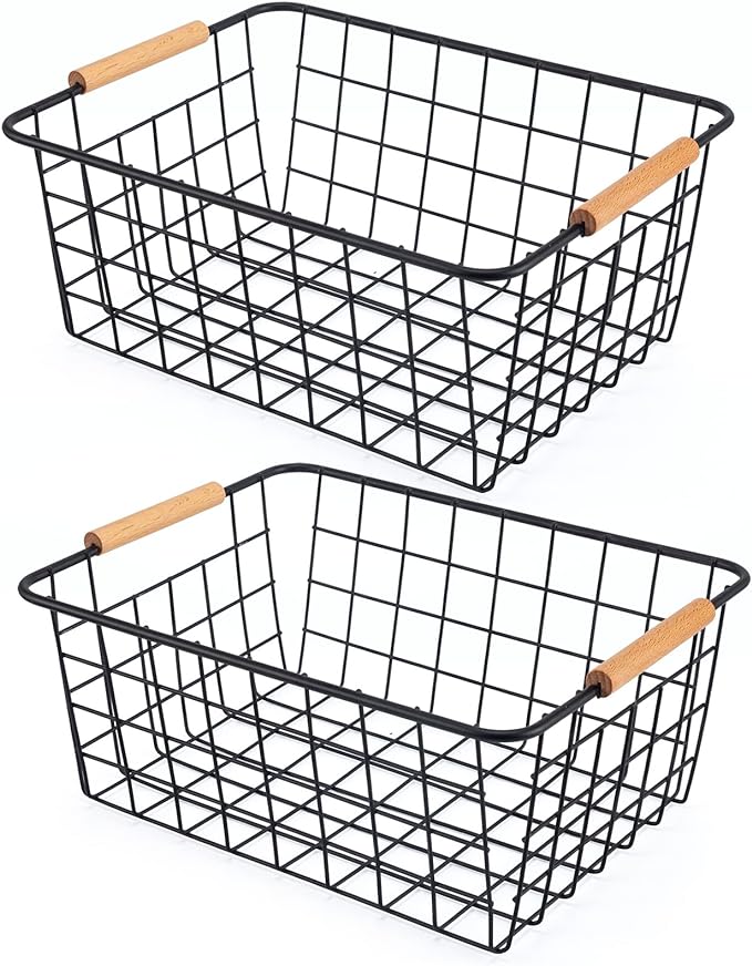 Black 2PCS Wire Storage Baskets with Wooden Handles - Organizing Pantry and Kitchen Cabinets - Metal Wire Food Storage Basket
