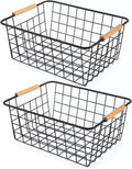Black 2PCS Wire Storage Baskets with Wooden Handles - Organizing Pantry and Kitchen Cabinets - Metal Wire Food Storage Basket