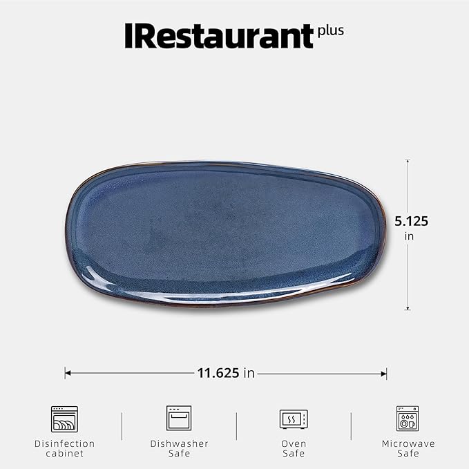 Organic Shape Restaurant Serving Tray 11.5 X 5.125", Commerical Grade Catering Stoneware Tray in Ir-regular Organic Shape, Chip & Scratch Resistant, Glossy Reactive Glaze Blue, Case of 12
