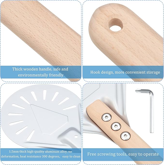 Pizza Turning Peel Perforated Pizza Turner Round Metal Aluminum Turning Peel Paddle with 16 Inch Anti-scalding Non-slip Durable Wooden Handle for Homemade Bread Bakers Oven Accessories(10 Inch)