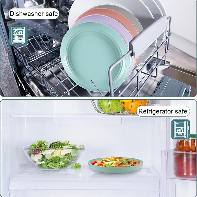 12 Pcs Unbreakable Deep Dessert Plates Set, 8 inch Reusable Plastic Wheat Straw Plates, Microwave and Dishwasher Safe Plate for Kitchen, Lightweight Plate for Dessert, BPA Free, 6 Colors