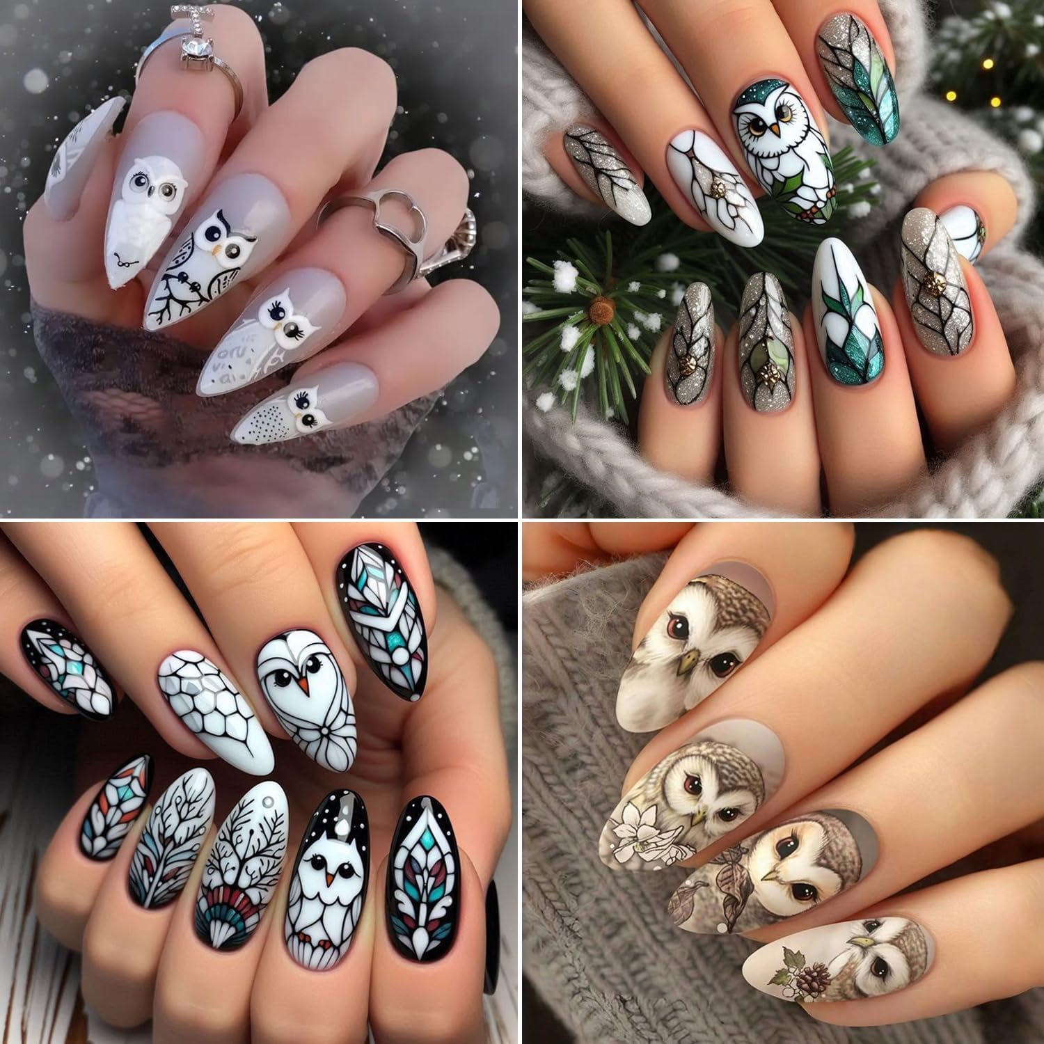 4pcs Christmas Nails Stickers Silver Glitter Leaves Line Owl Nail Art Design 3D Self-Adhesive Nail Decals Xmas Nail Sticker DIY Autumn Winter Manicure Art Supplies Decoration Accessories-BrightBean Baby