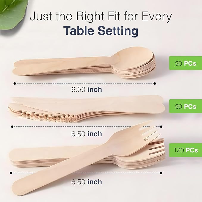 Compostable Cutlery Set - 300 PCS Wooden Utensils [120 Forks, 90 Spoons, 90 Knives] - Eco-Friendly Wooden Disposable Utensils - Compostable Forks and Spoons - Disposable Cutlery Set Party Utensils