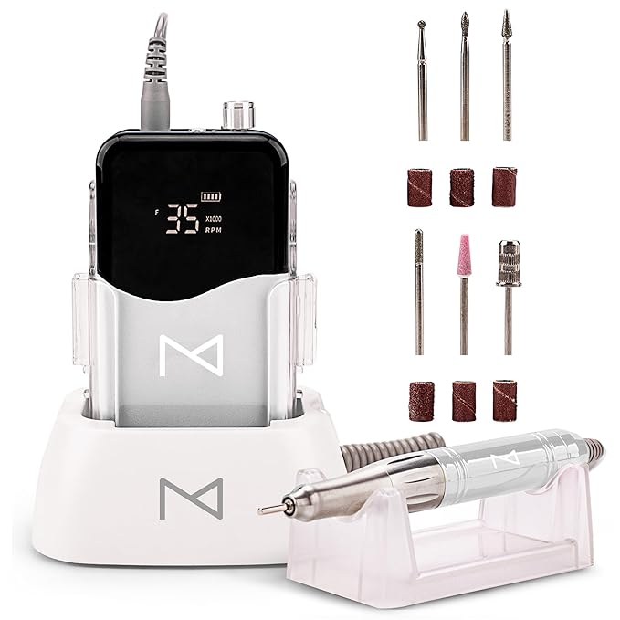 M Mase- Professional Nail Drill Machine - Coreless 2-in-1 Nail File - Electric, Cordless, 35000 RPM, HD Display - Electric Nail Drill for Professional & Home Use (White)-BrightBean Baby