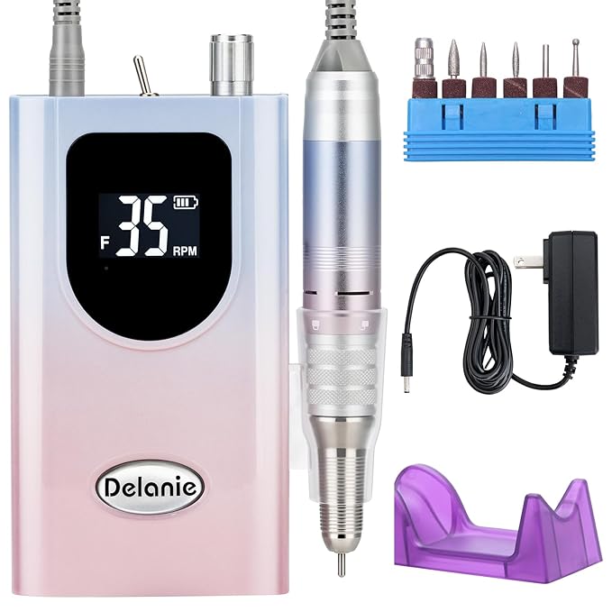 Delanie Professional Nail Drill High Torque 35000 RPM Rechargeable Portable Electric Nail File Filer for Acrylic Gel with Cuticle Bits, Salon Manicure Tool, Gradient Pink-BrightBean Baby