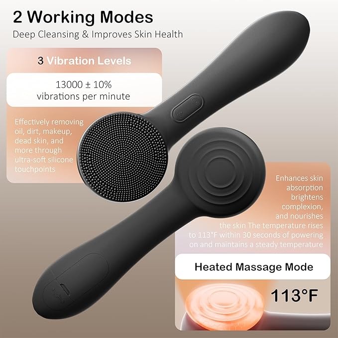 Facial Cleansing Brush Silicone Face Scrubber Waterproof Rechargeable Exfoliator Massage Device for Men & Women, Deep Pore Cleansing, Exfoliating, Removing Blackhead Electric Face Scrub Brush (Black)-BrightBean Baby