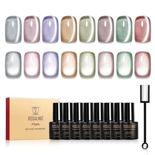 ROSALIND Cat Eye Gel Nail Polish, 8 Color Jelly Gel Polish with Magnet Stick Magnetic Cateye Translucent Effect Sheer Glitter Collection Manicure Gifts for Women-BrightBean Baby
