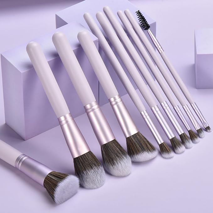10 Piece Purple Makeup Brushes Set and 3 Piece Makeup Sponge - Wooden Handle with Soft Synthetic Bristles, for Face & Eye Makeup | Professional Cosmetic Brushes | Includes Travel Pouch-BrightBean Baby