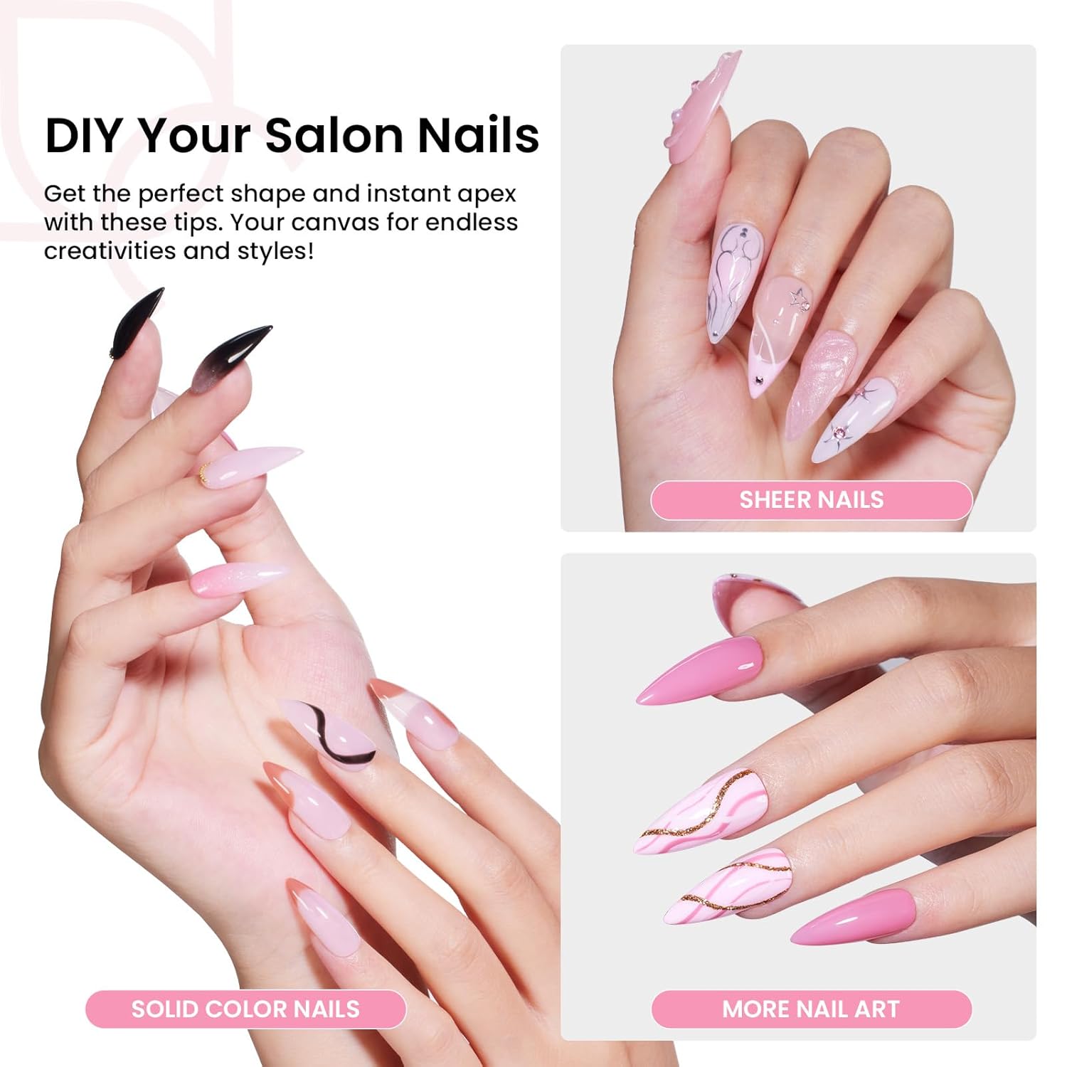 Beetles Tipex Instant Apex Nail Tips Kit Halloween Nails, Medium Stiletto, 224 Pcs 16 Sizes Pre-Building Pre-Etched False Nail Tips with Tipex Nail Glue, Mini Nail Lamp-BrightBean Baby