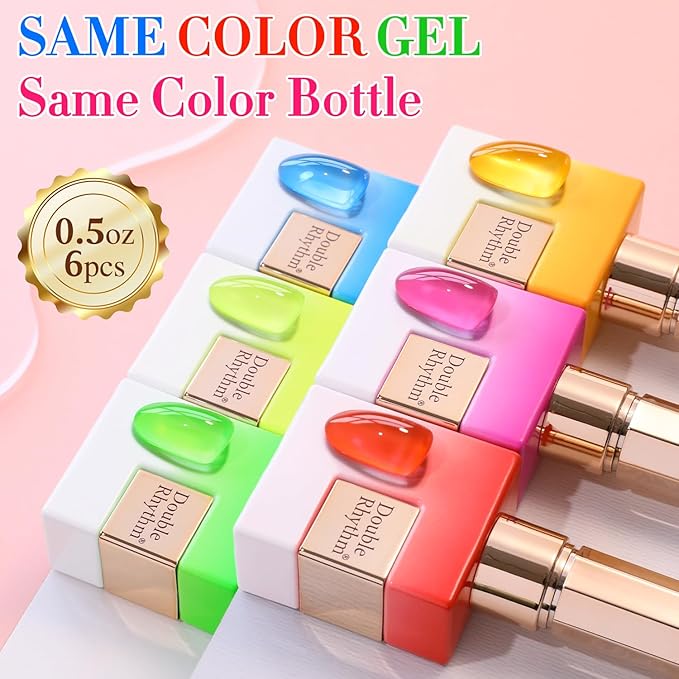 Double Rhythm 6 Pcs 15 ML Gel Polish Set Same Color Same Bottle Soak Off Gel Polish Kit Nail Art Manicure Salon DIY at Home for Women (Jelly Neon Pink Blue Red Green-T6-26)-BrightBean Baby
