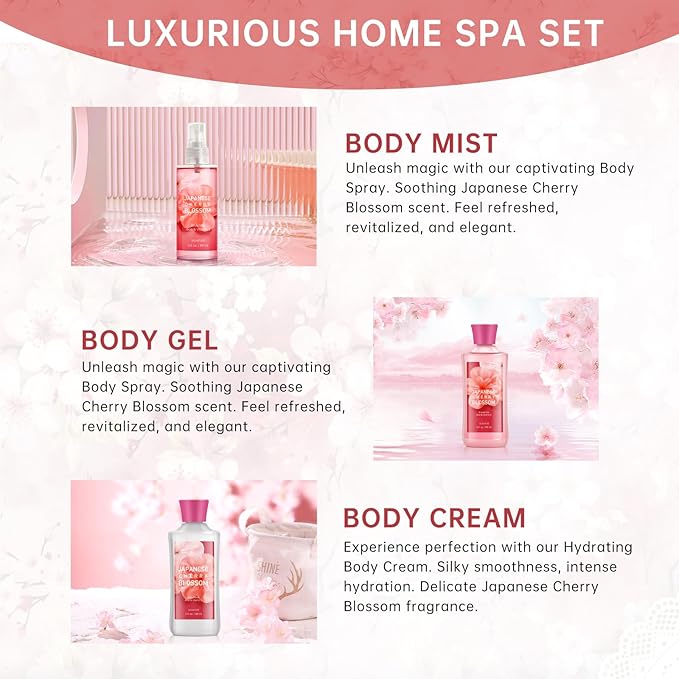 Bath Gift for Women and Girls, Japanese Cherry Blossom Spa Set With Natural Extracts, 3PCS Set - Shower Gel, Lotion, Mist, Personal Self Care Kit, Body Care Travel Set-BrightBean Baby