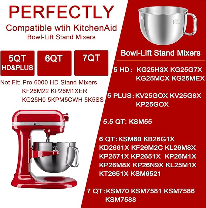 6QT Stainless Steel Mixer Bowl with Handle Compatible with KitchenAid Bowl Lift Stand Mixers KD2661, KL26M, KP26M1, KP26M8, KP26N9, KV25G, KV25M. Replacment for KitchenAid 6 Quart Mixing Bowl KN2B6PEH