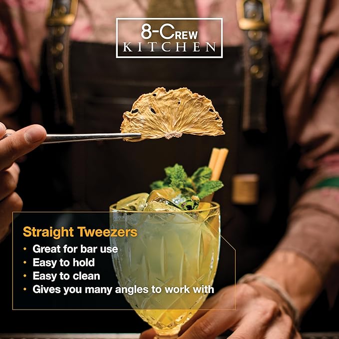 8-CREW KITCHEN Culinary Stainless Steel Tweezers, 8-inch Straight Tip Chef Precision Tongs for Plating, Decorating, Food Design, Bar and Multi-Purpose