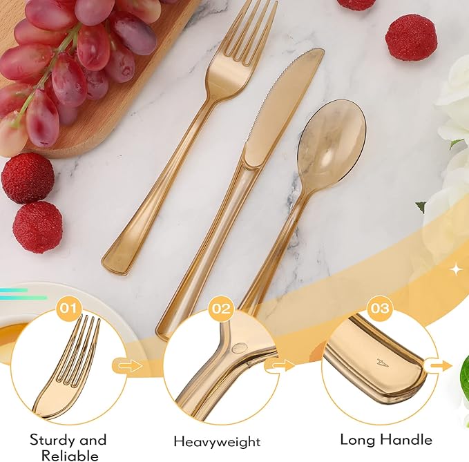 Minatee 150 Pieces Disposable Cutlery Set Plastic Silverware Heavy Duty Utensil Sets 50 Forks 50 Knives 50 Spoons for Home Office School Party Picnics Restaurant Outdoor Events(Coffee)