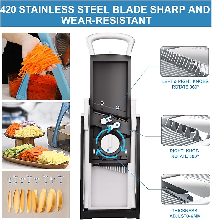 (All in 1) Upgraded Version Mandoline Slicer for Kitchen & Adjustable Mandolin. Detachable Blade, Kitchen Veggie Chopper Cut Slicing, Strips, Shredding, Dicing, Chop