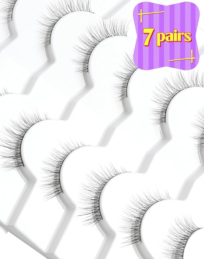 Onlyall Natural Lashes Wispy Lashes Natural Look False Eyelashes Natural Flared Eyelashes False Eye Lashes Soft Fluffy Lashes 7 Pairs DK32, Black-BrightBean Baby