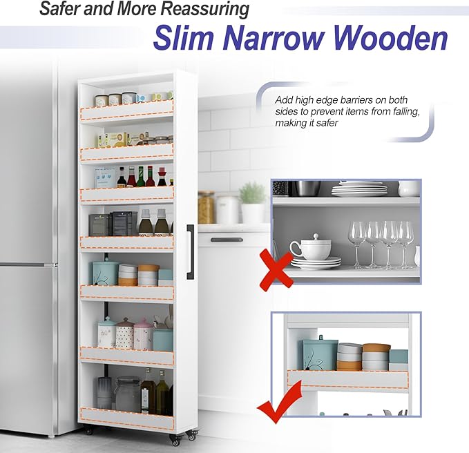 7-Tier Slim Storage Cart, Wooden Rolling Pantry Cabinet with Wheels, Narrow Shelf Organizer for Kitchen, Bakers Rack, Dining Room, Closet, Small Spaces Dark Walnut 73.2" H*9.8" W*23.6" D