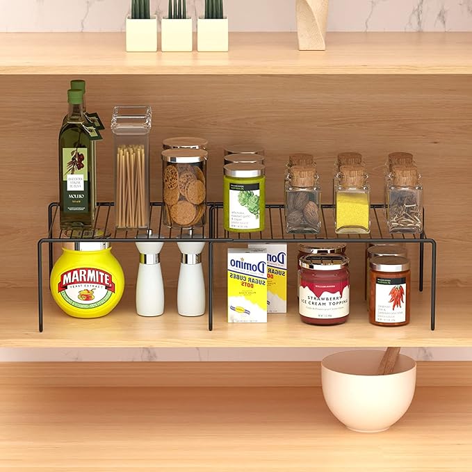 Kitchen Cabinet Expandable Shelf Organizers Set of 6, Adjustable Metal Wire Pantry Storage Shelves, Plate Dish Organizer Rack for Cabinets, Cupboard, Counter, Freezer, Countertop, Black