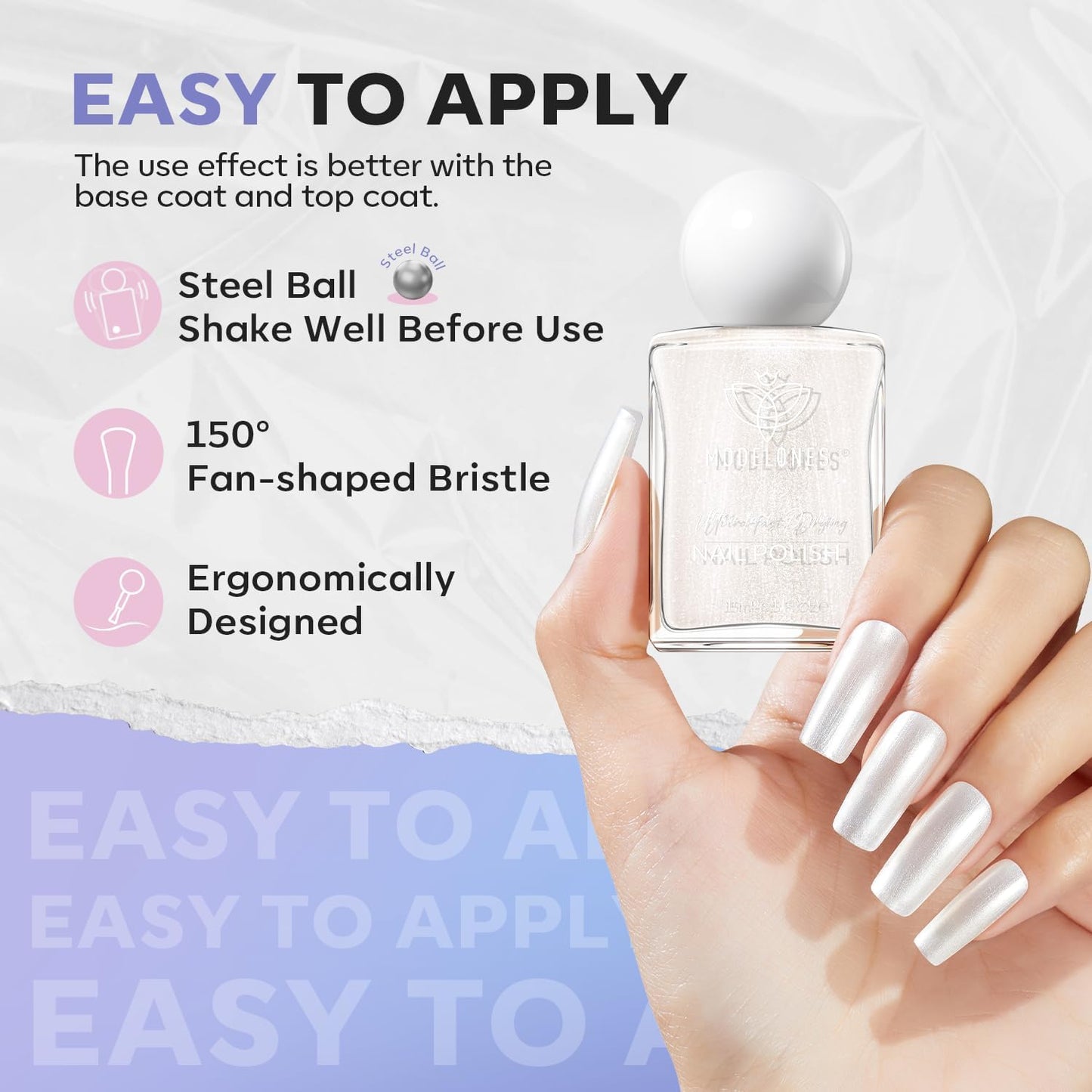 modelones Pearl White Nail Polish, Shimmer Glitter White 15 ml Quick Dry Nail Lacquer Strengthener Long Last Shine Fingernail Toe Nail Art DIY Home Travel Manicure Gift for Women Girls 0.5 Fl Oz-BrightBean Baby