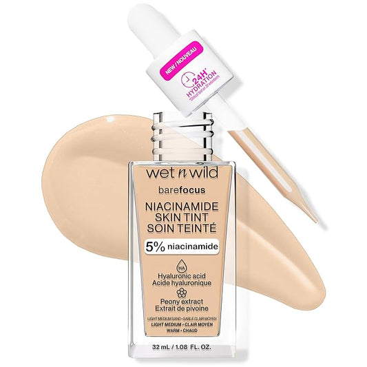 wet n wild Bare Focus Skin Tint, 5% Niacinamide Enriched,Buildable Sheer Lightweight Coverage,Natural Radiant Finish,Hyaluronic & Vitamin Hydration Boost,Cruelty-Free & Vegan-Light Medium Sand-BrightBean Baby