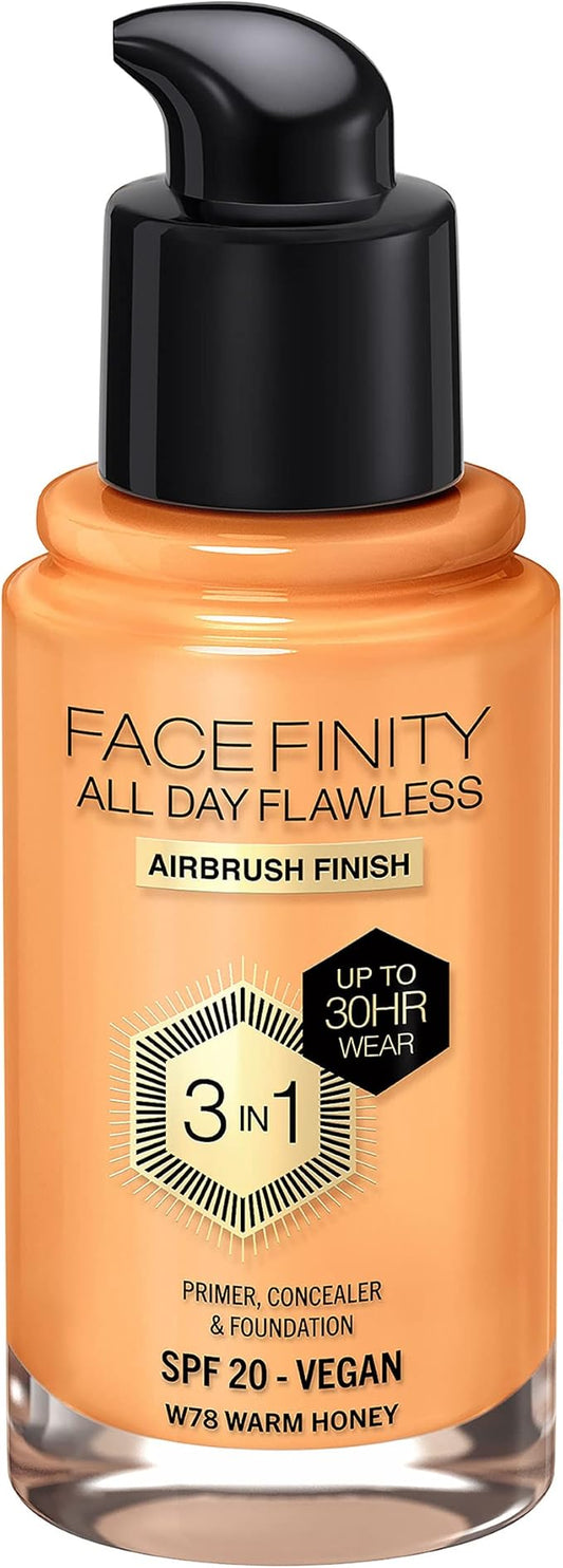 Max Factor Facefinity 3-in-1 All Day Flawless Liquid Foundation, SPF 20-78 Warm Honey, 30 ml-BrightBean Baby