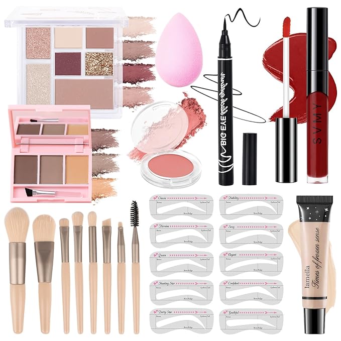 Makeup Kit for Teens Girls, Makeup Present Set for Women, Makeup Full Kit for Beginners, Mini Makeup Bundle Include 7 Puce colors Matte & Shimmer Pigmented Eyeshadow Palette, Eyebrow Powder-BrightBean Baby